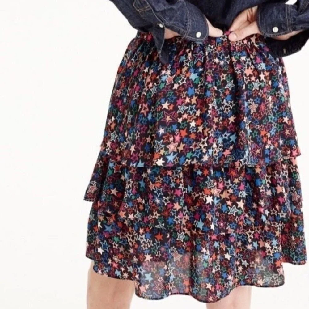 J. Crew Tiered Skirt In Kaleidoscope Star Print Women's 0 Mini Boho Festival